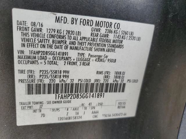 Photo 11 VIN: 1FAHP2D85GG141891 - FORD TAURUS SE 