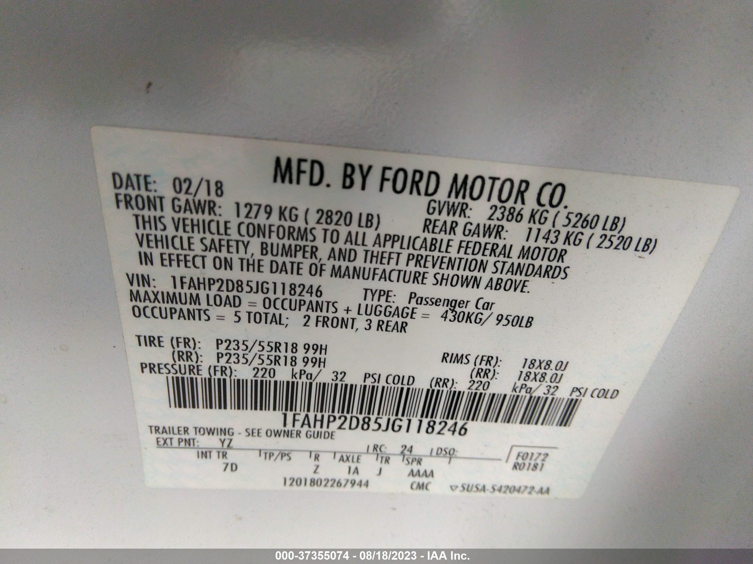 Photo 8 VIN: 1FAHP2D85JG118246 - FORD TAURUS 