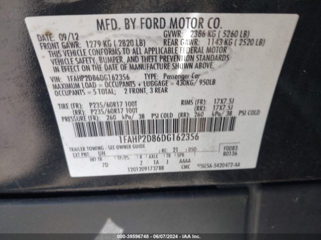 Photo 8 VIN: 1FAHP2D86DG162356 - FORD TAURUS 