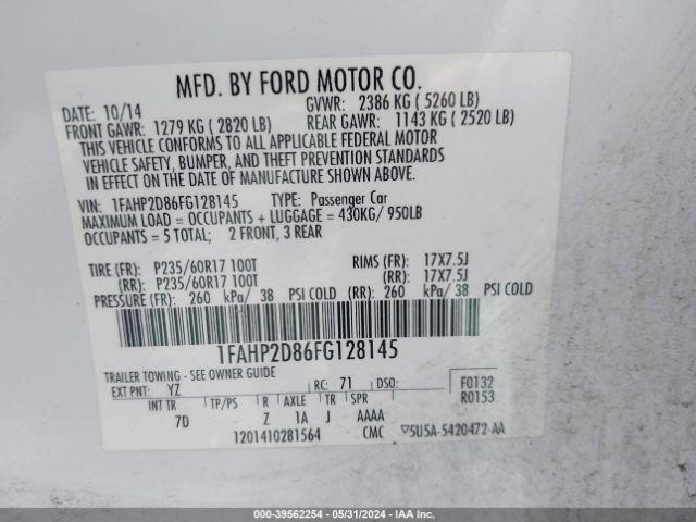 Photo 8 VIN: 1FAHP2D86FG128145 - FORD TAURUS SE 