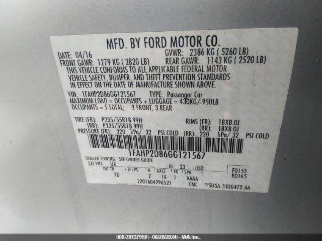 Photo 8 VIN: 1FAHP2D86GG121567 - FORD TAURUS 