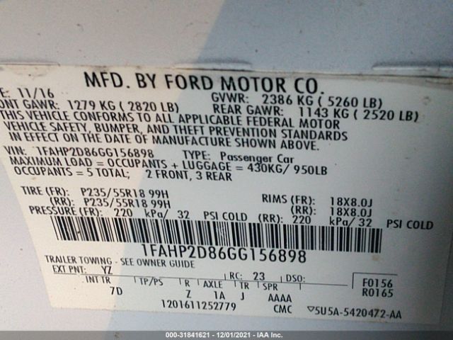 Photo 8 VIN: 1FAHP2D86GG156898 - FORD TAURUS 