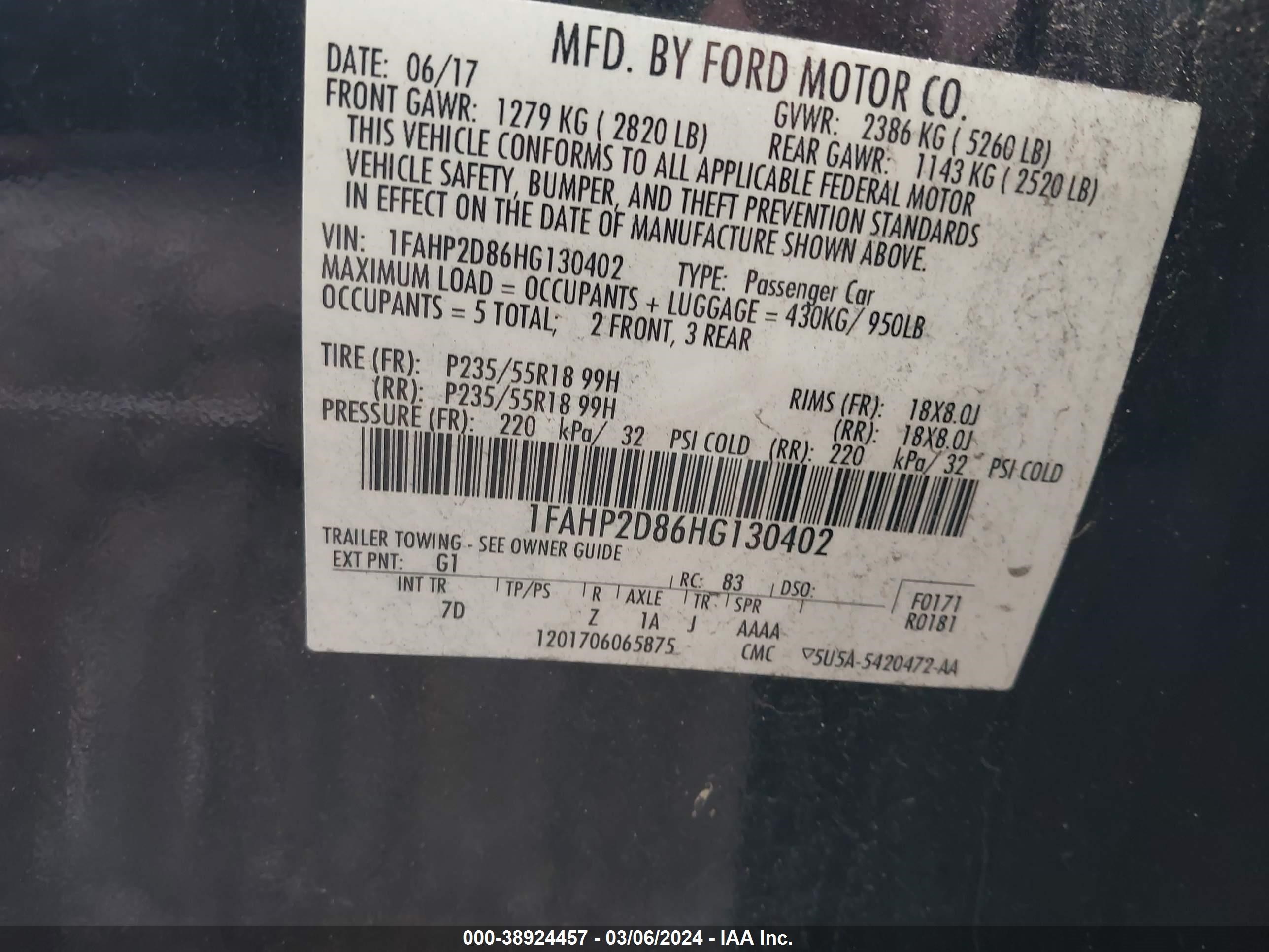 Photo 4 VIN: 1FAHP2D86HG130402 - FORD TAURUS 