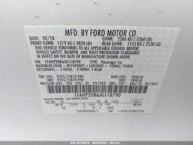 Photo 8 VIN: 1FAHP2D86JG118790 - FORD TAURUS 