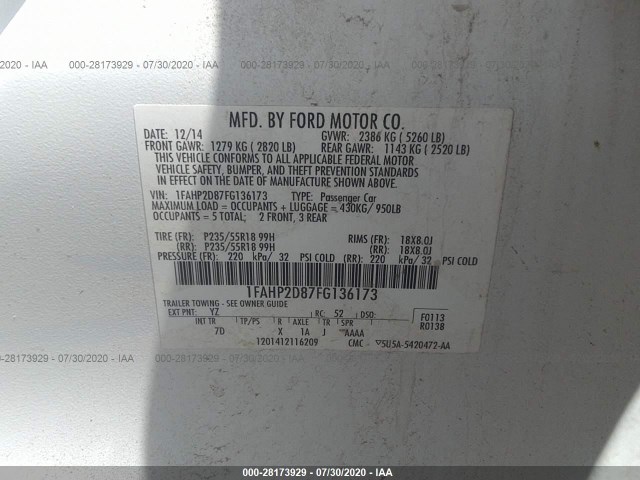 Photo 8 VIN: 1FAHP2D87FG136173 - FORD TAURUS 