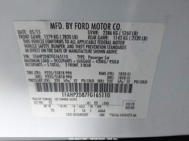 Photo 8 VIN: 1FAHP2D87FG165110 - FORD TAURUS 