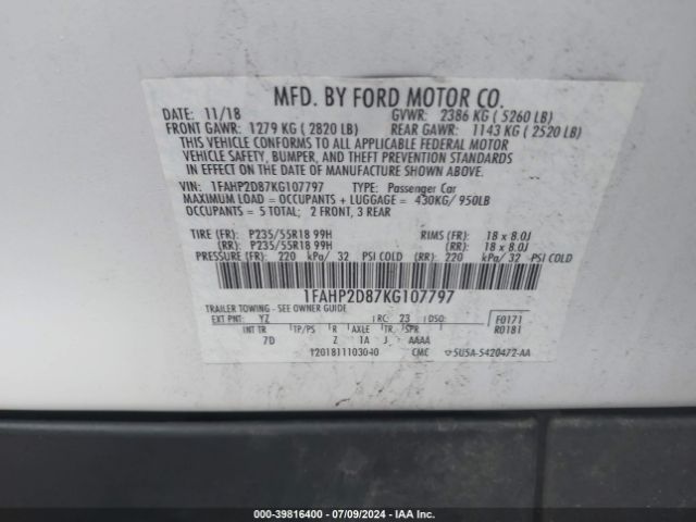 Photo 8 VIN: 1FAHP2D87KG107797 - FORD TAURUS 