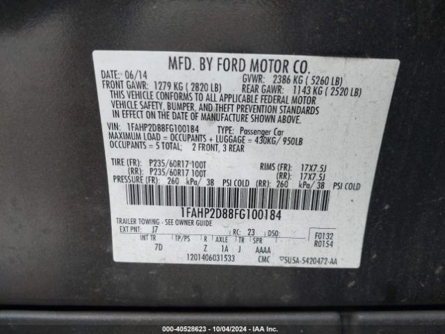 Photo 8 VIN: 1FAHP2D88FG100184 - FORD TAURUS 