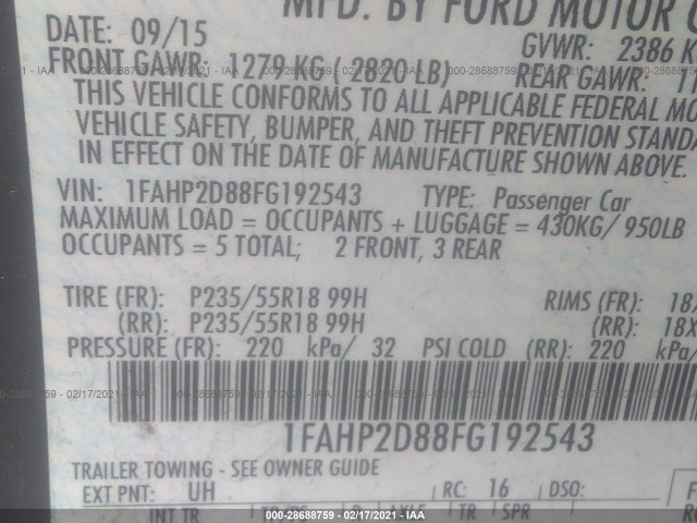 Photo 8 VIN: 1FAHP2D88FG192543 - FORD TAURUS 