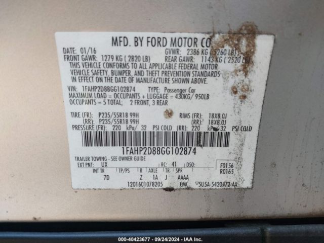 Photo 8 VIN: 1FAHP2D88GG102874 - FORD TAURUS 