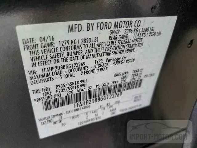 Photo 12 VIN: 1FAHP2D88GG123269 - FORD TAURUS 