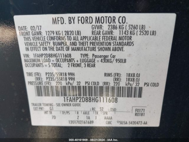 Photo 8 VIN: 1FAHP2D88HG111608 - FORD TAURUS 