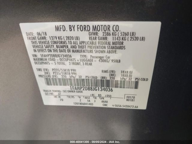 Photo 8 VIN: 1FAHP2D88JG134036 - FORD TAURUS 