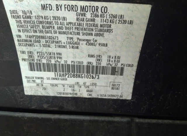 Photo 8 VIN: 1FAHP2D88KG102673 - FORD TAURUS 