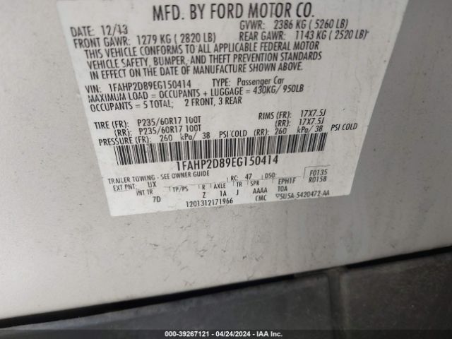 Photo 8 VIN: 1FAHP2D89EG150414 - FORD TAURUS 