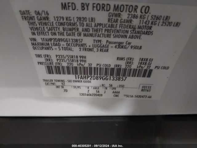 Photo 8 VIN: 1FAHP2D89GG133857 - FORD TAURUS 