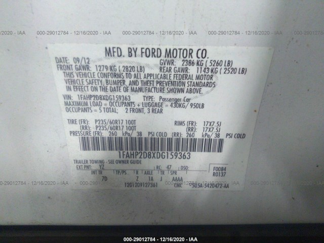 Photo 8 VIN: 1FAHP2D8XDG159363 - FORD TAURUS 