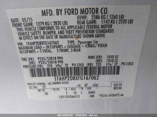 Photo 8 VIN: 1FAHP2D8XFG167062 - FORD TAURUS 