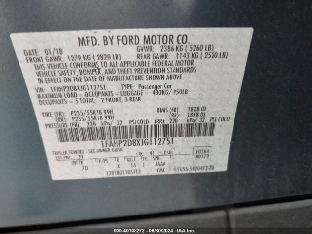 Photo 8 VIN: 1FAHP2D8XJG112751 - FORD TAURUS 