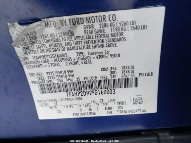 Photo 8 VIN: 1FAHP2D92FG160003 - FORD TAURUS 