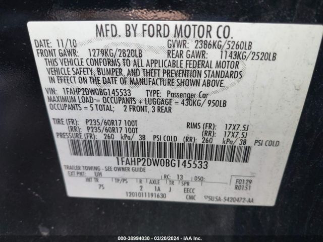 Photo 8 VIN: 1FAHP2DW0BG145533 - FORD TAURUS 