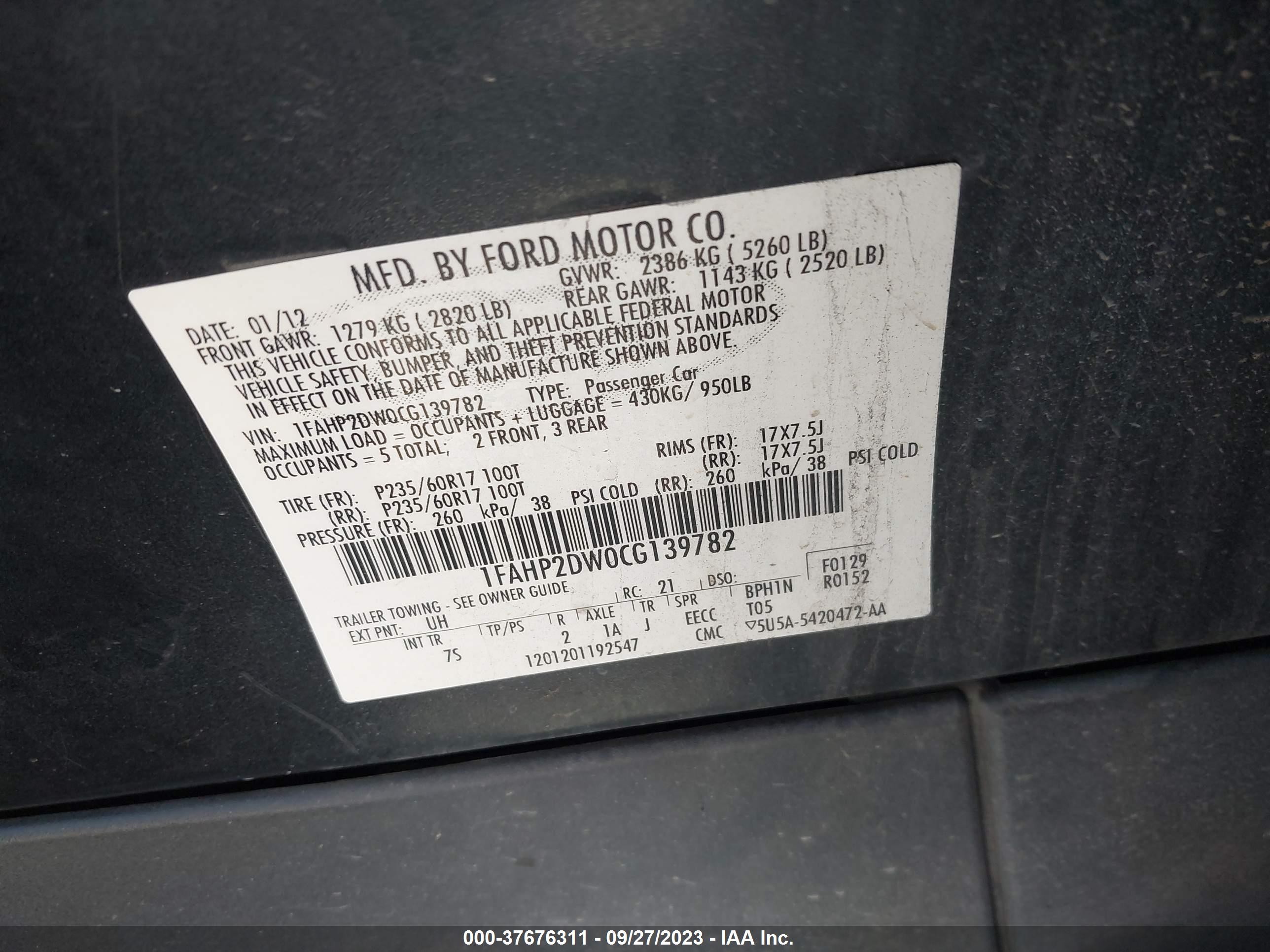 Photo 8 VIN: 1FAHP2DW0CG139782 - FORD TAURUS 