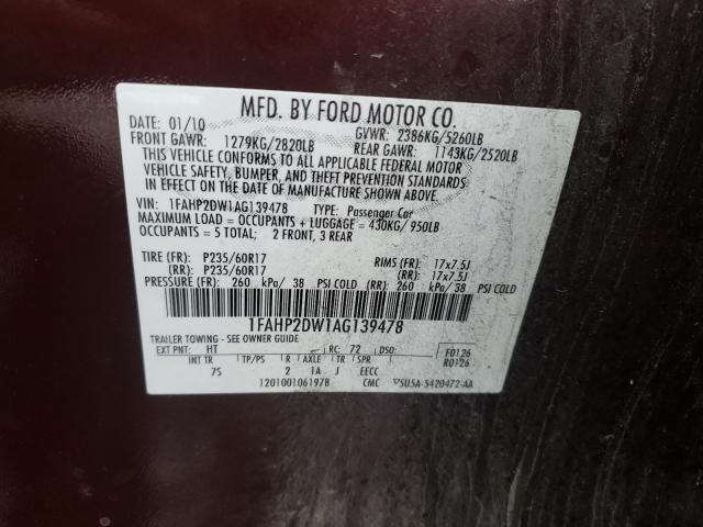 Photo 9 VIN: 1FAHP2DW1AG139478 - FORD TAURUS SE 