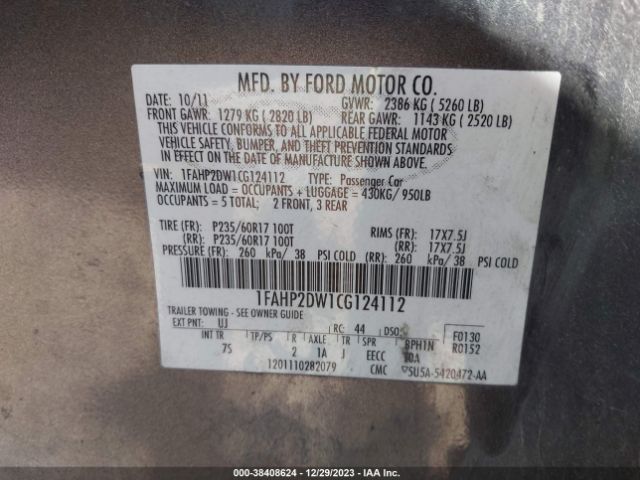 Photo 8 VIN: 1FAHP2DW1CG124112 - FORD TAURUS 