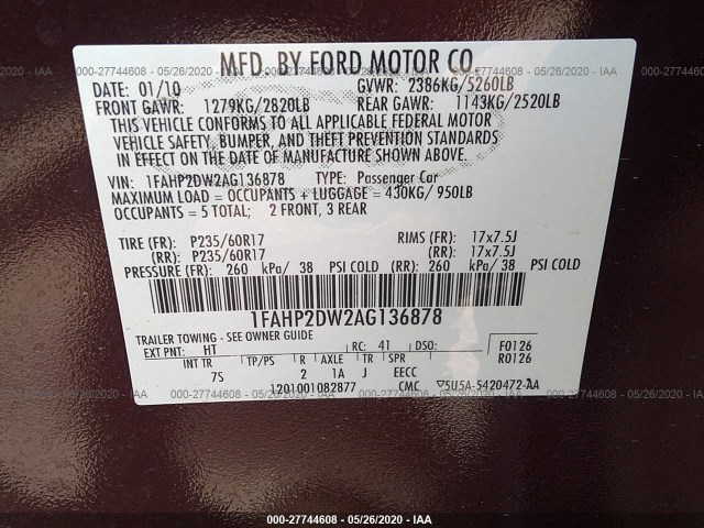 Photo 8 VIN: 1FAHP2DW2AG136878 - FORD TAURUS 