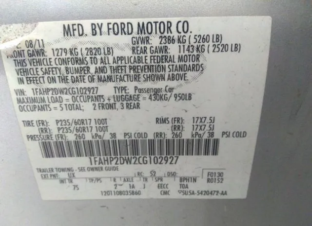 Photo 8 VIN: 1FAHP2DW2CG102927 - FORD TAURUS 