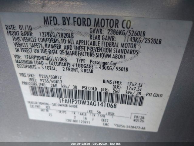 Photo 8 VIN: 1FAHP2DW3AG141068 - FORD TAURUS 