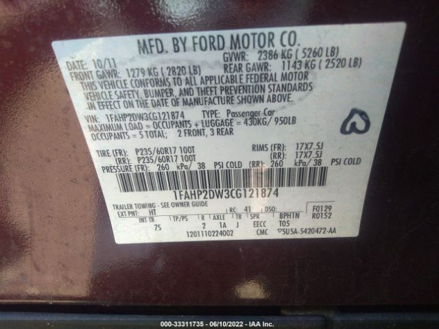 Photo 8 VIN: 1FAHP2DW3CG121874 - FORD TAURUS 