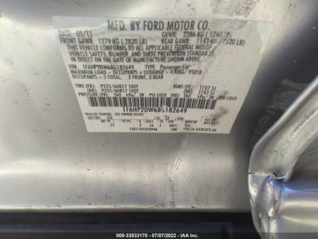 Photo 8 VIN: 1FAHP2DW6BG182649 - FORD TAURUS 