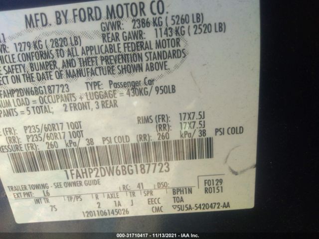 Photo 8 VIN: 1FAHP2DW6BG187723 - FORD TAURUS 