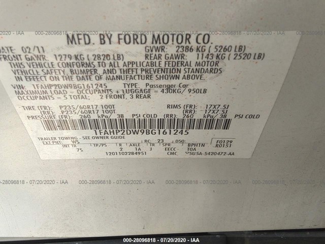 Photo 8 VIN: 1FAHP2DW9BG161245 - FORD TAURUS 