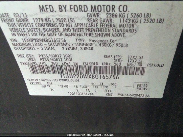 Photo 8 VIN: 1FAHP2DWXBG165756 - FORD TAURUS 