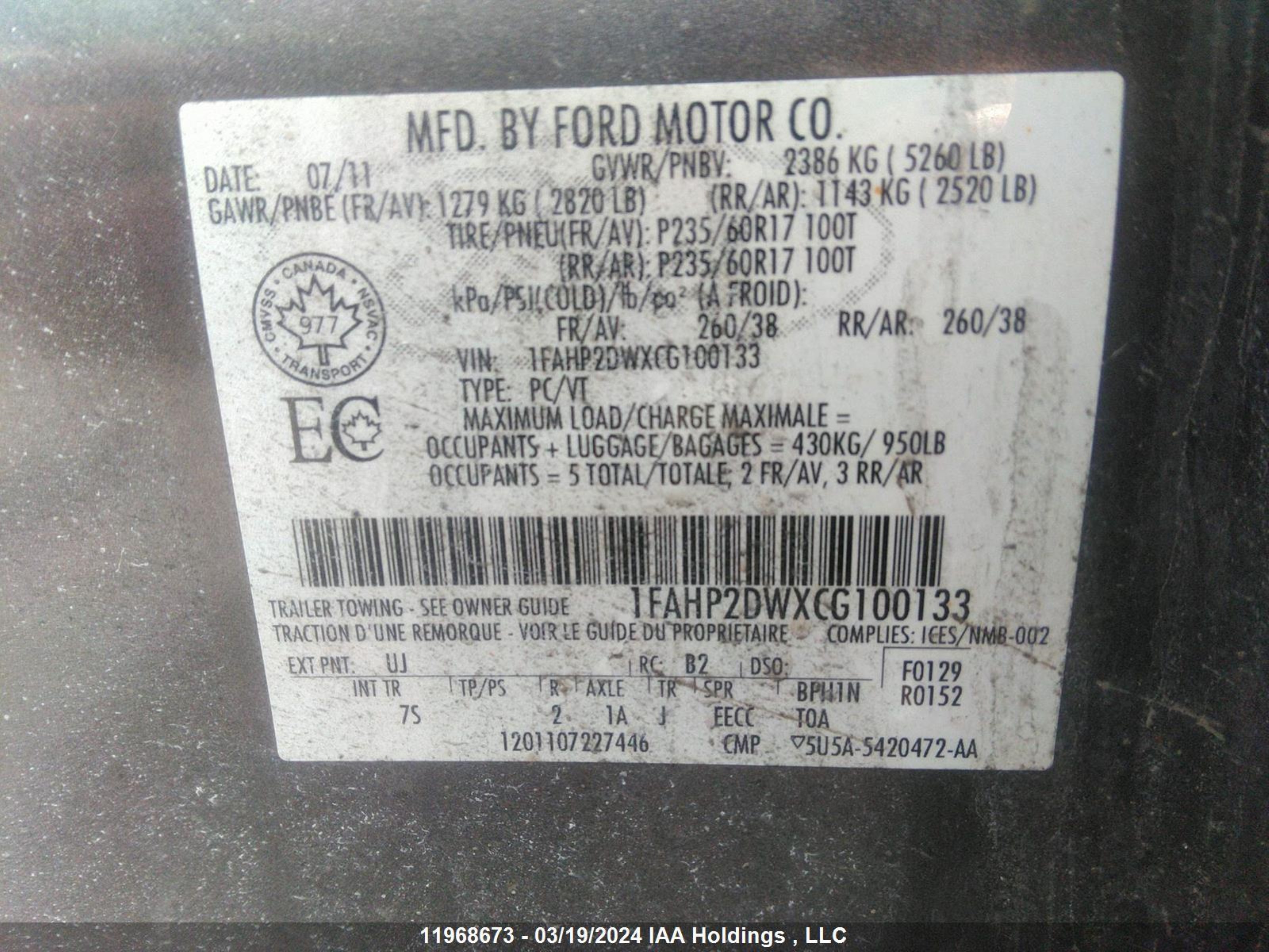 Photo 8 VIN: 1FAHP2DWXCG100133 - FORD TAURUS 