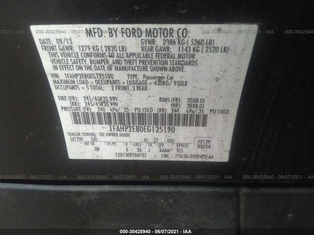 Photo 8 VIN: 1FAHP2E80EG125190 - FORD TAURUS 