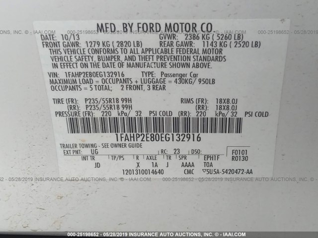 Photo 8 VIN: 1FAHP2E80EG132916 - FORD TAURUS 