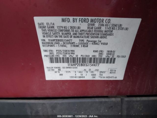 Photo 8 VIN: 1FAHP2E80EG154477 - FORD TAURUS 