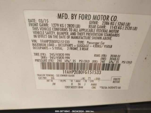 Photo 8 VIN: 1FAHP2E80FG151533 - FORD TAURUS 