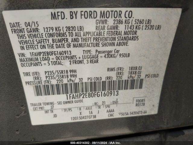 Photo 8 VIN: 1FAHP2E80FG160913 - FORD TAURUS 