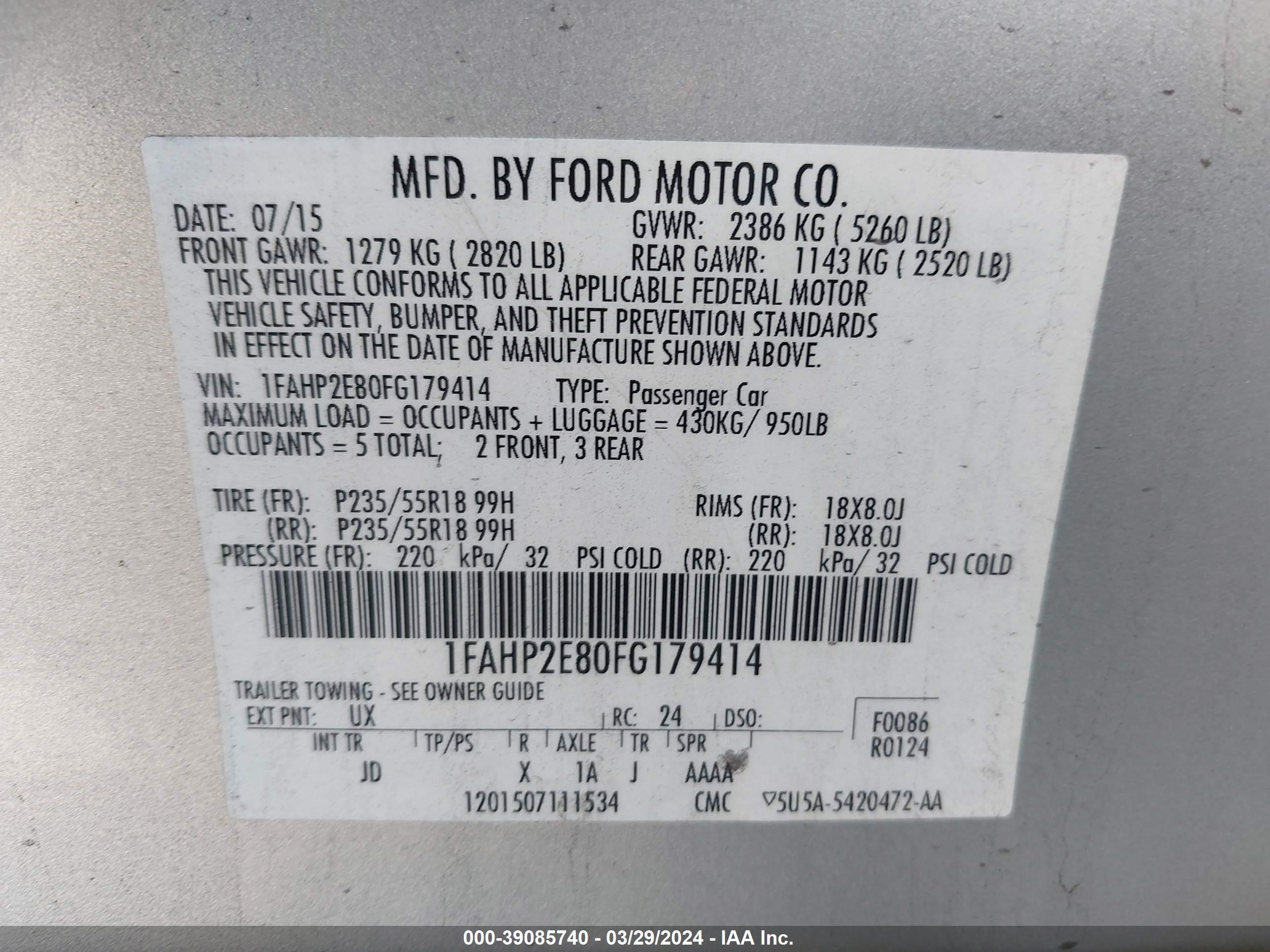 Photo 8 VIN: 1FAHP2E80FG179414 - FORD TAURUS 