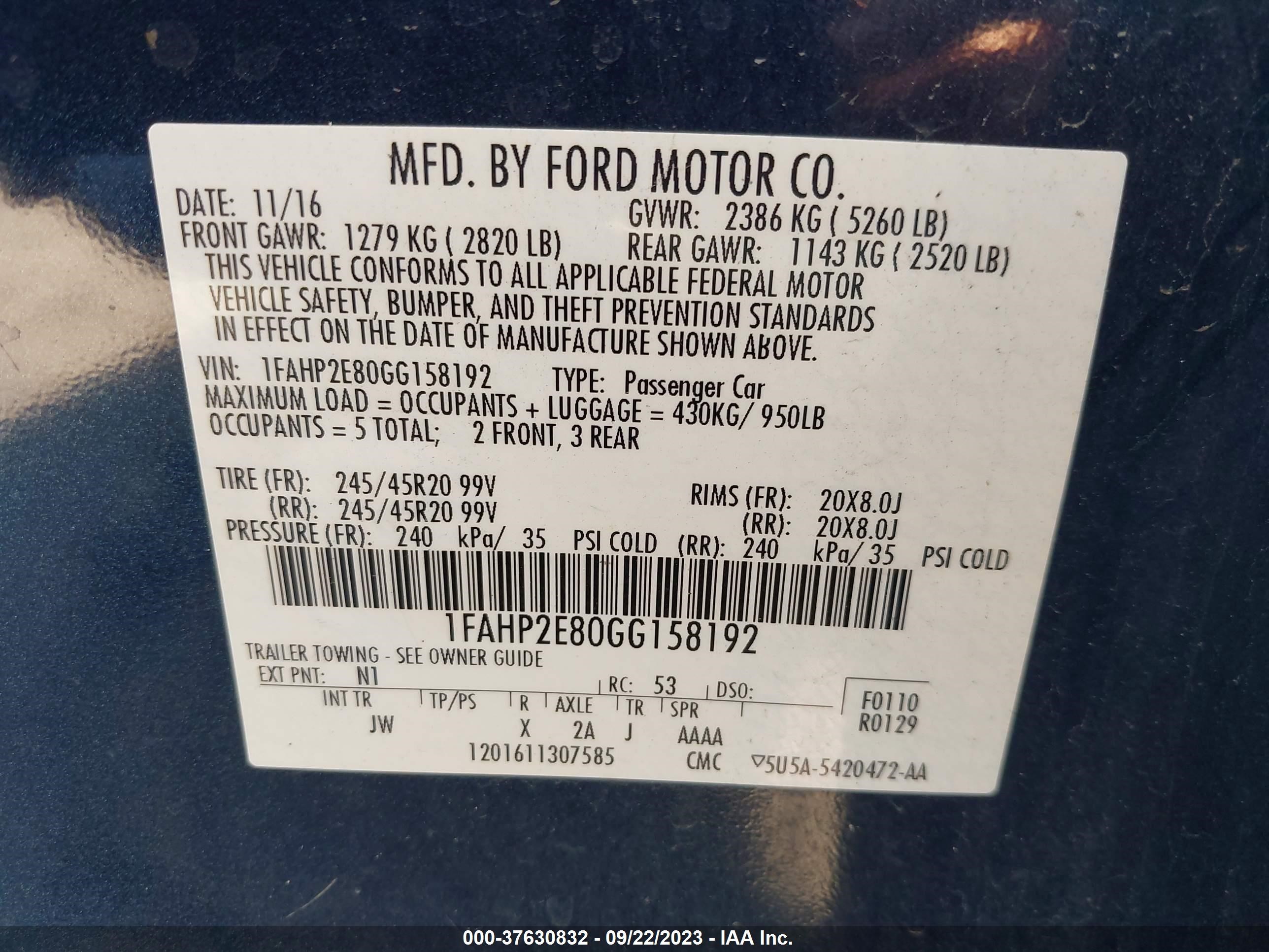 Photo 8 VIN: 1FAHP2E80GG158192 - FORD TAURUS 