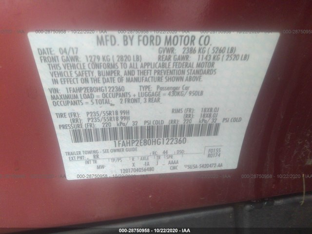 Photo 8 VIN: 1FAHP2E80HG122360 - FORD TAURUS 