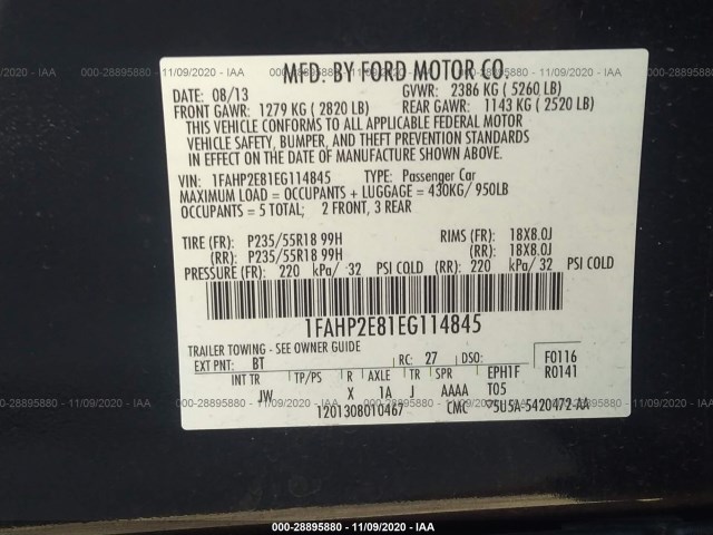 Photo 8 VIN: 1FAHP2E81EG114845 - FORD TAURUS 