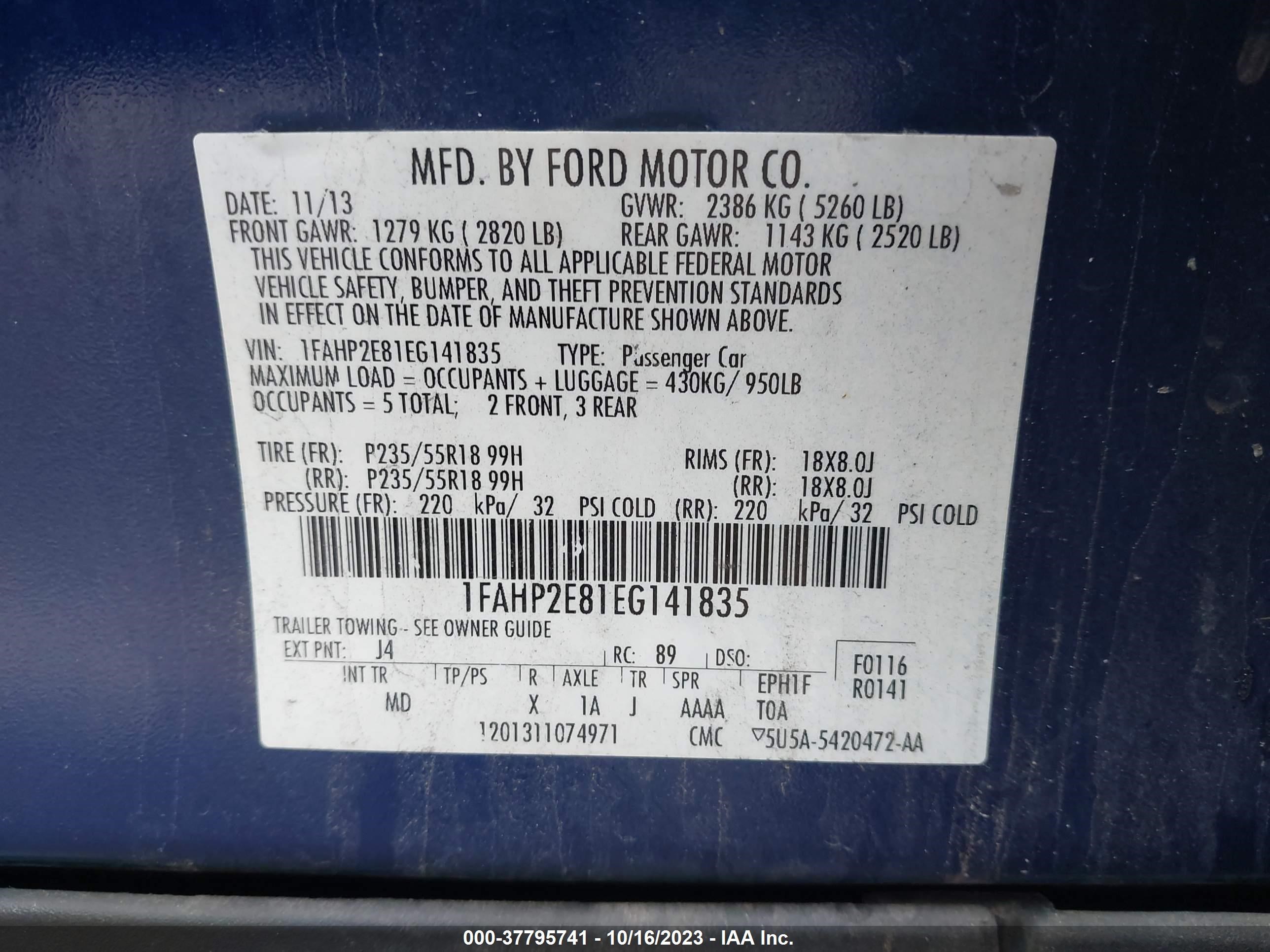 Photo 8 VIN: 1FAHP2E81EG141835 - FORD TAURUS 