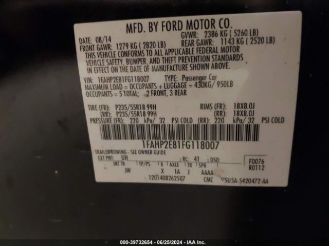 Photo 8 VIN: 1FAHP2E81FG118007 - FORD TAURUS 