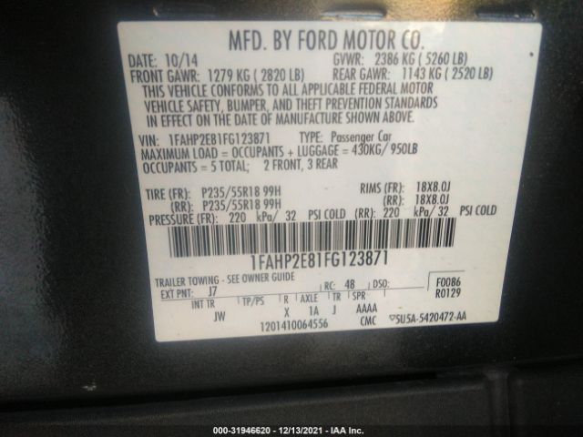 Photo 8 VIN: 1FAHP2E81FG123871 - FORD TAURUS 