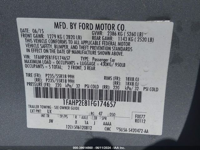 Photo 8 VIN: 1FAHP2E81FG174657 - FORD TAURUS 